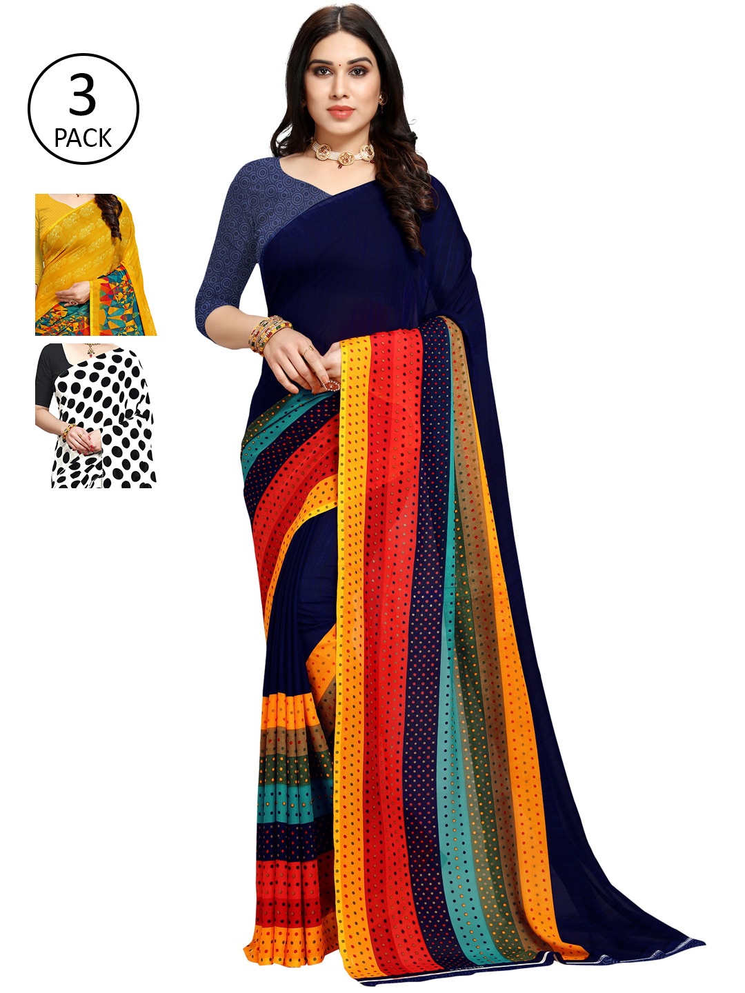 

KALINI Women Pack Of 3 Poly Georgette Saree, Yellow