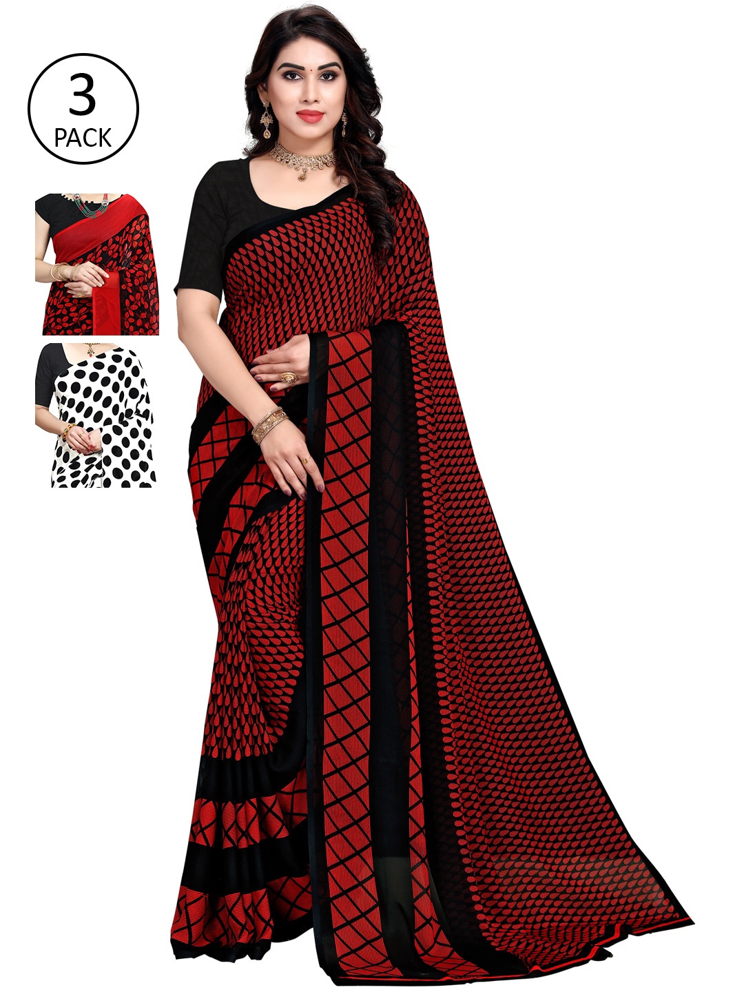 

KALINI White & Red Pack of 3 Printed Sarees