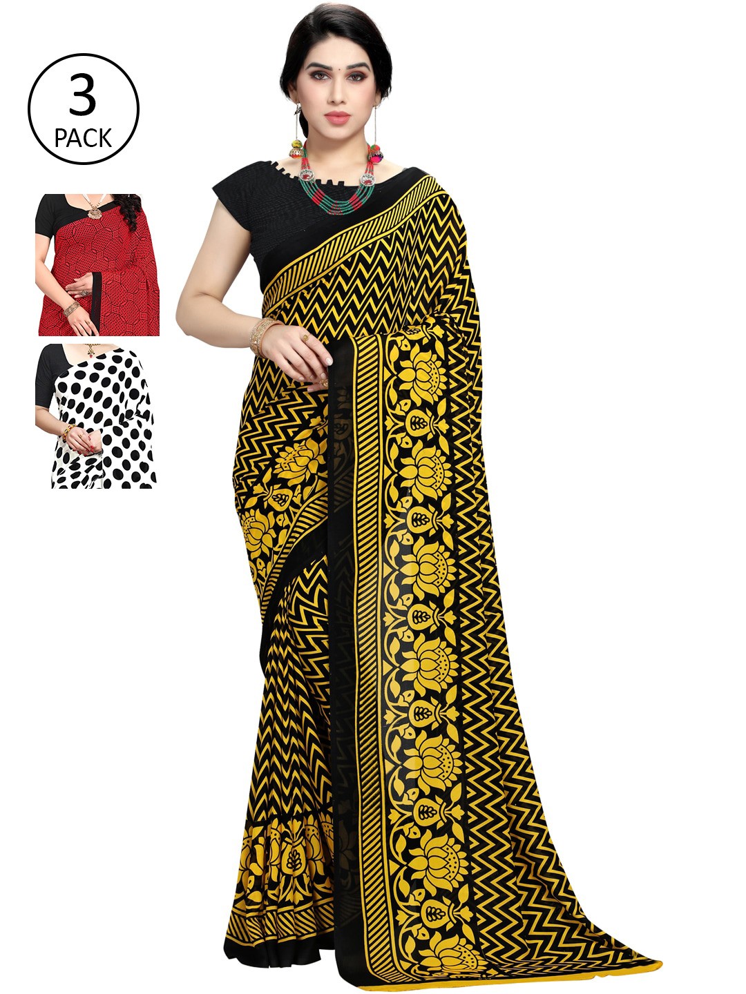 

KALINI Pack of 3 Poly Georgette Sarees, White
