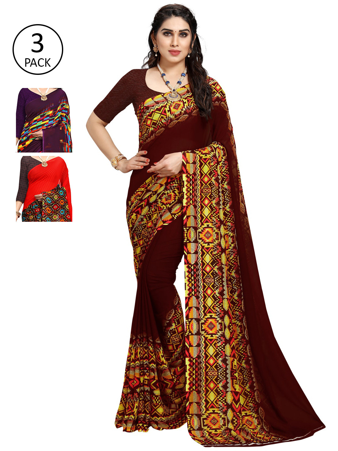 

KALINI Pack of 3 Poly Georgette Saree, Red