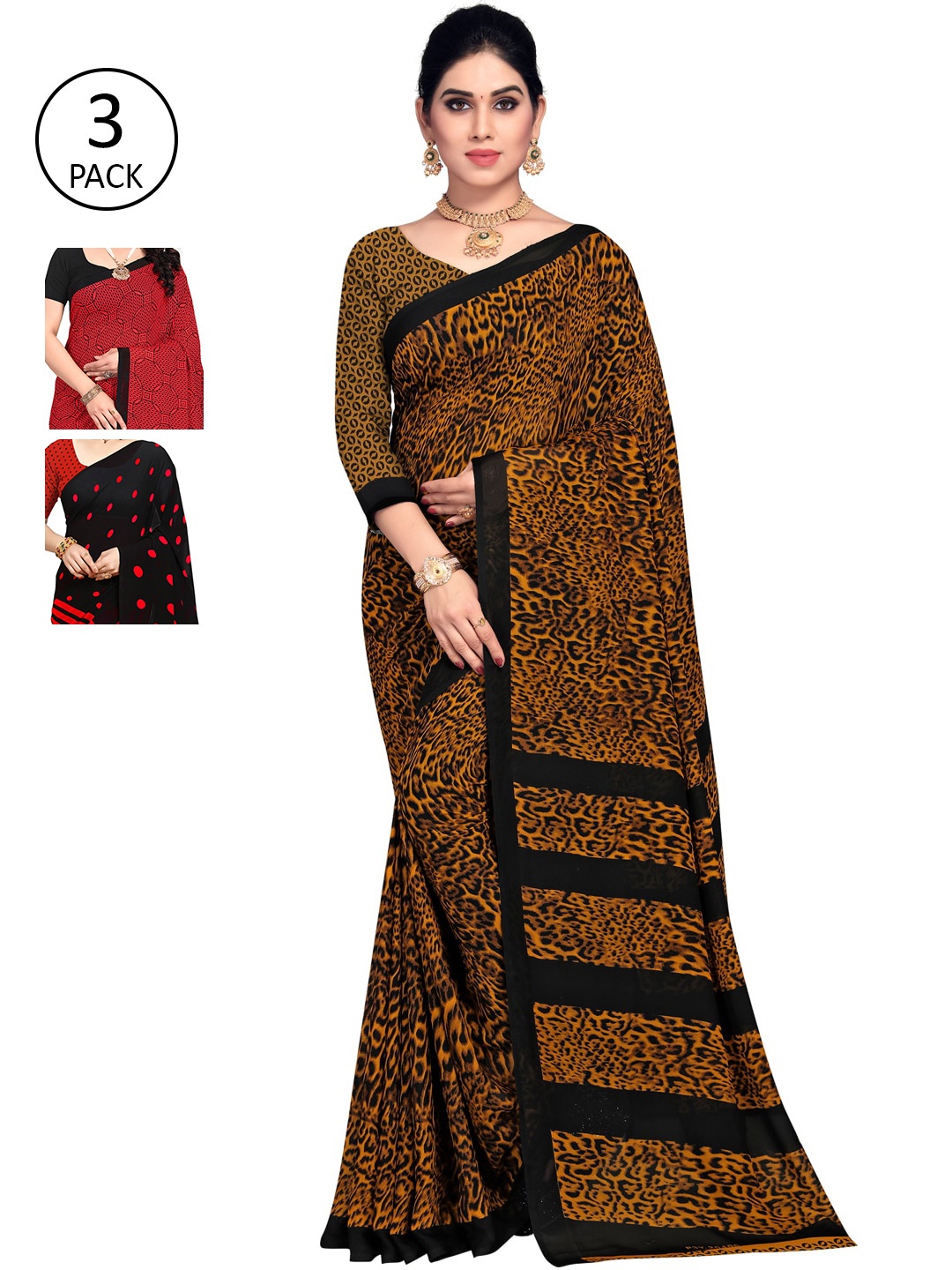 

KALINI Pack of 3 Printed Sarees, Red