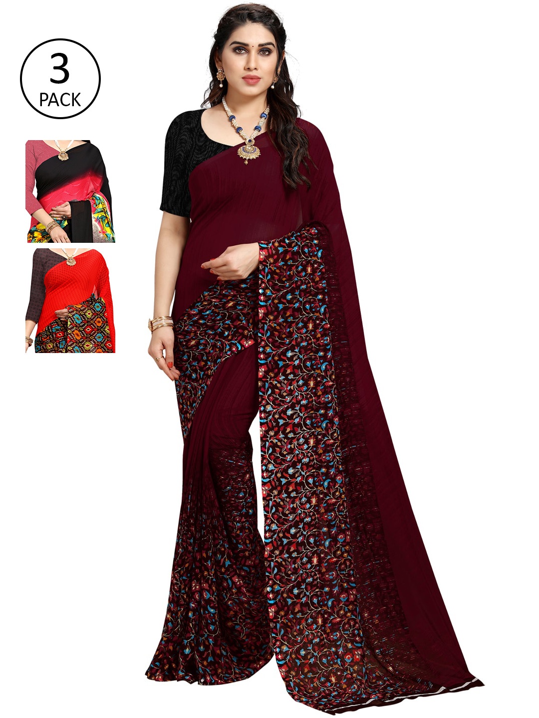 

KALINI Burgundy & Red Pack of 3 Printed Sarees