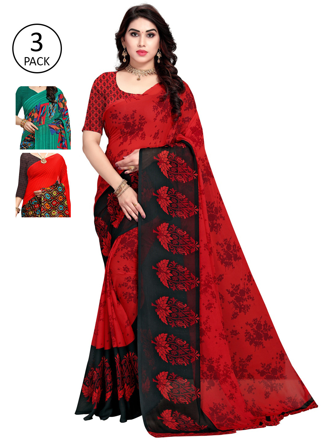 

KALINI Pack Of 3 Red & Blue Saree