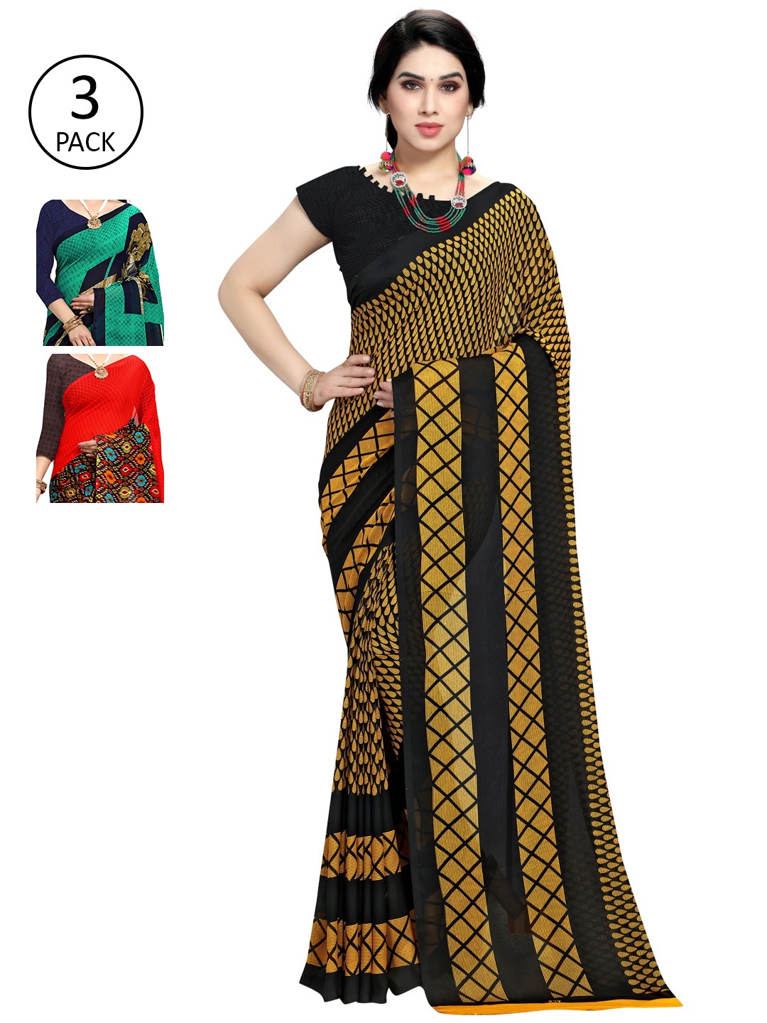 

KALINI Women Pack Of 3 Printed Sarees, Black