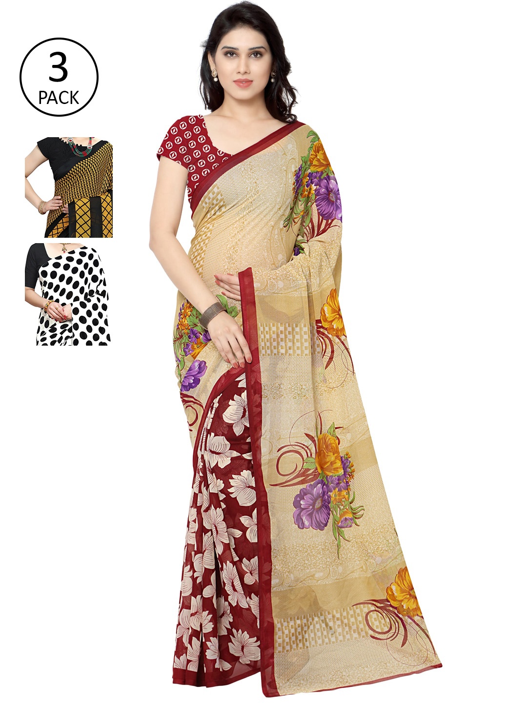 

KALINI Pack Of 3 White & Black Saree