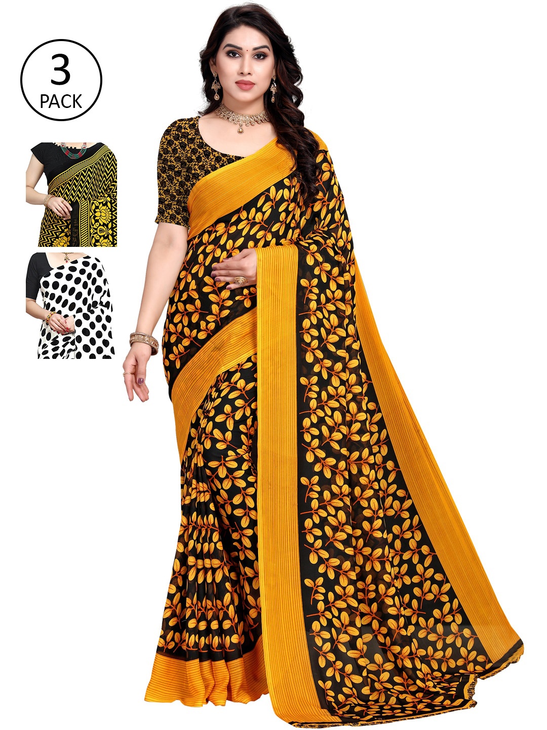 

KALINI Pack of 3 Poly Georgette Sarees, Yellow