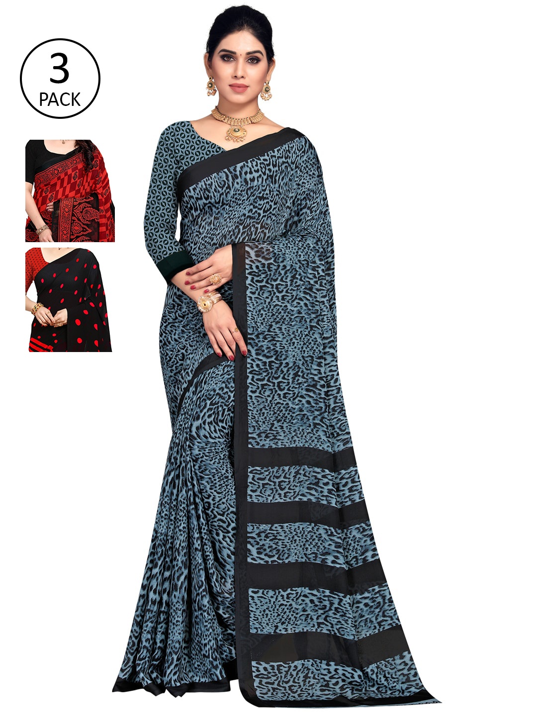

KALINI Pack of 3 Printed Sarees, Black