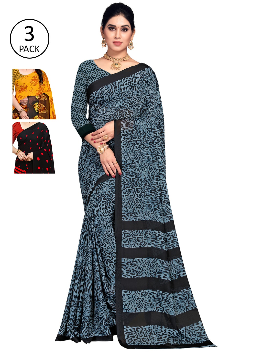 

KALINI Multicolour Printed Poly Georgette Daily Wear Sarees-Pack of 3, Red
