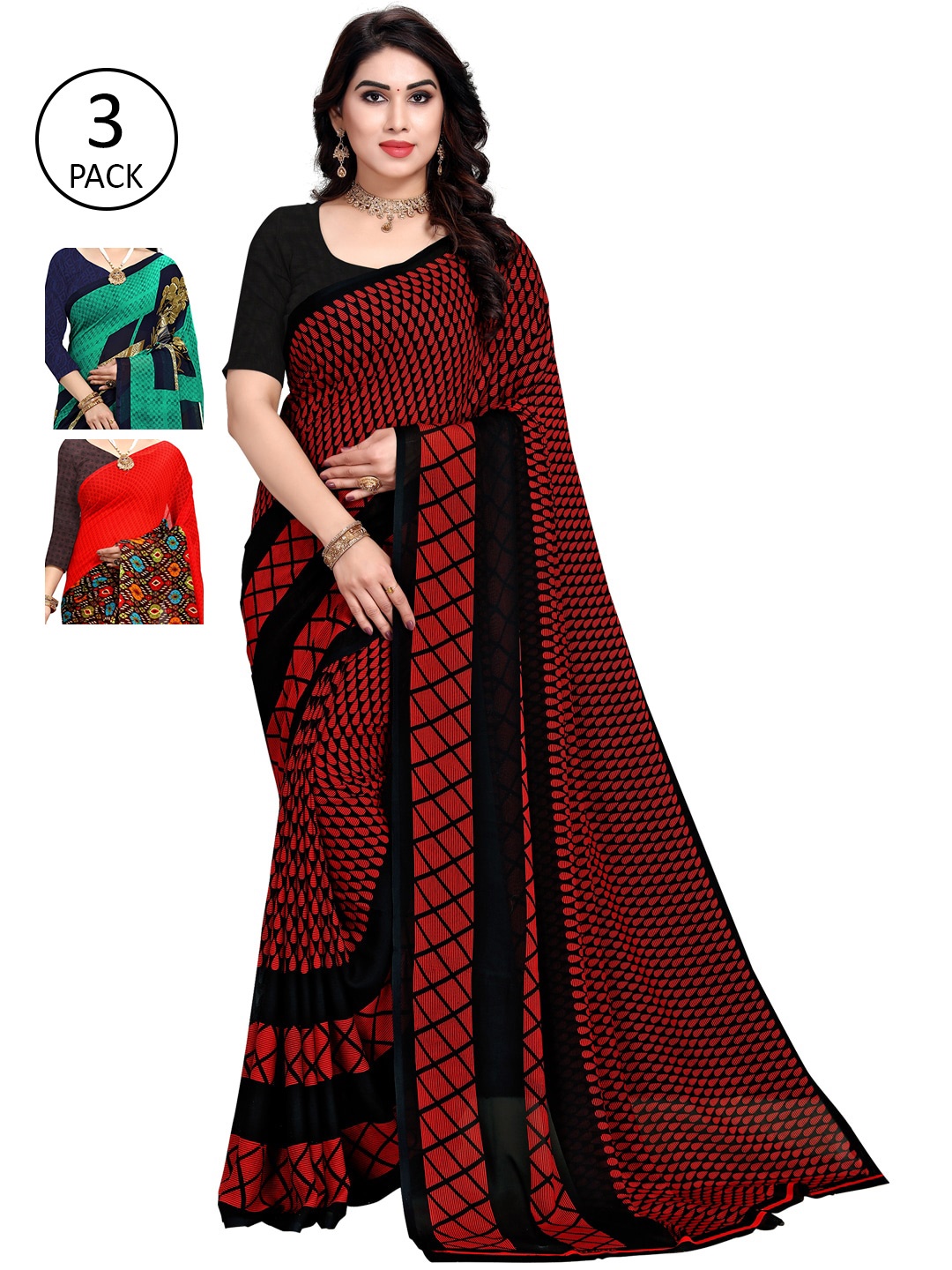 

KALINI Maroon & Red Pack of 3 Printed Sarees