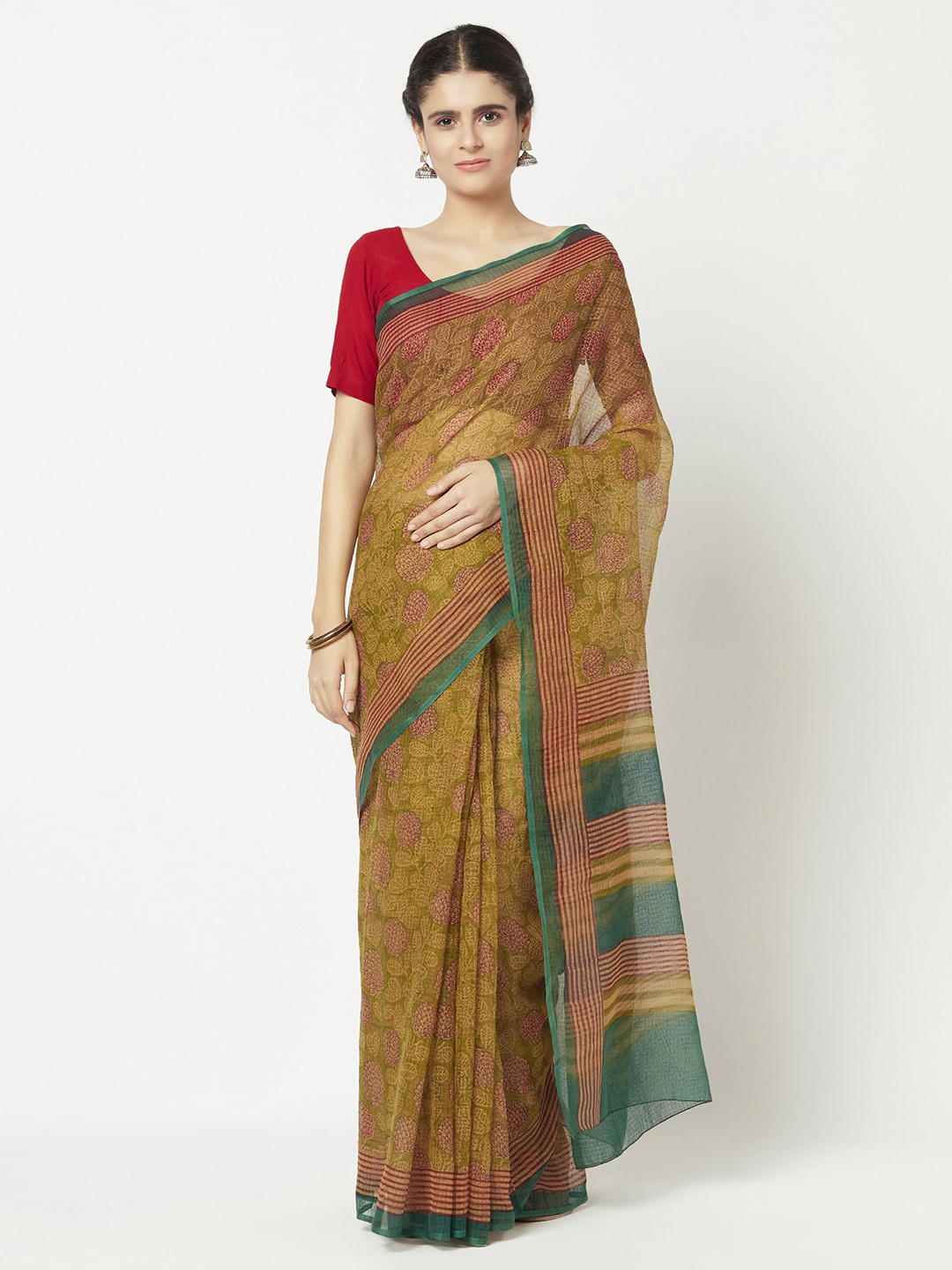 

Fabindia Olive Green & Red Floral Silk Cotton Kota Saree