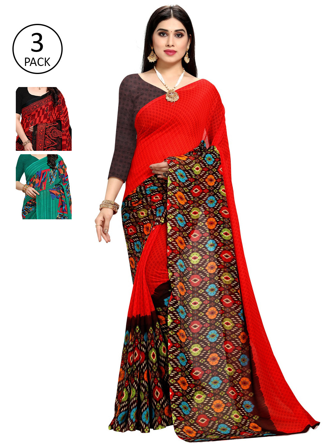 

KALINI Pack Of 3 Sarees, Red