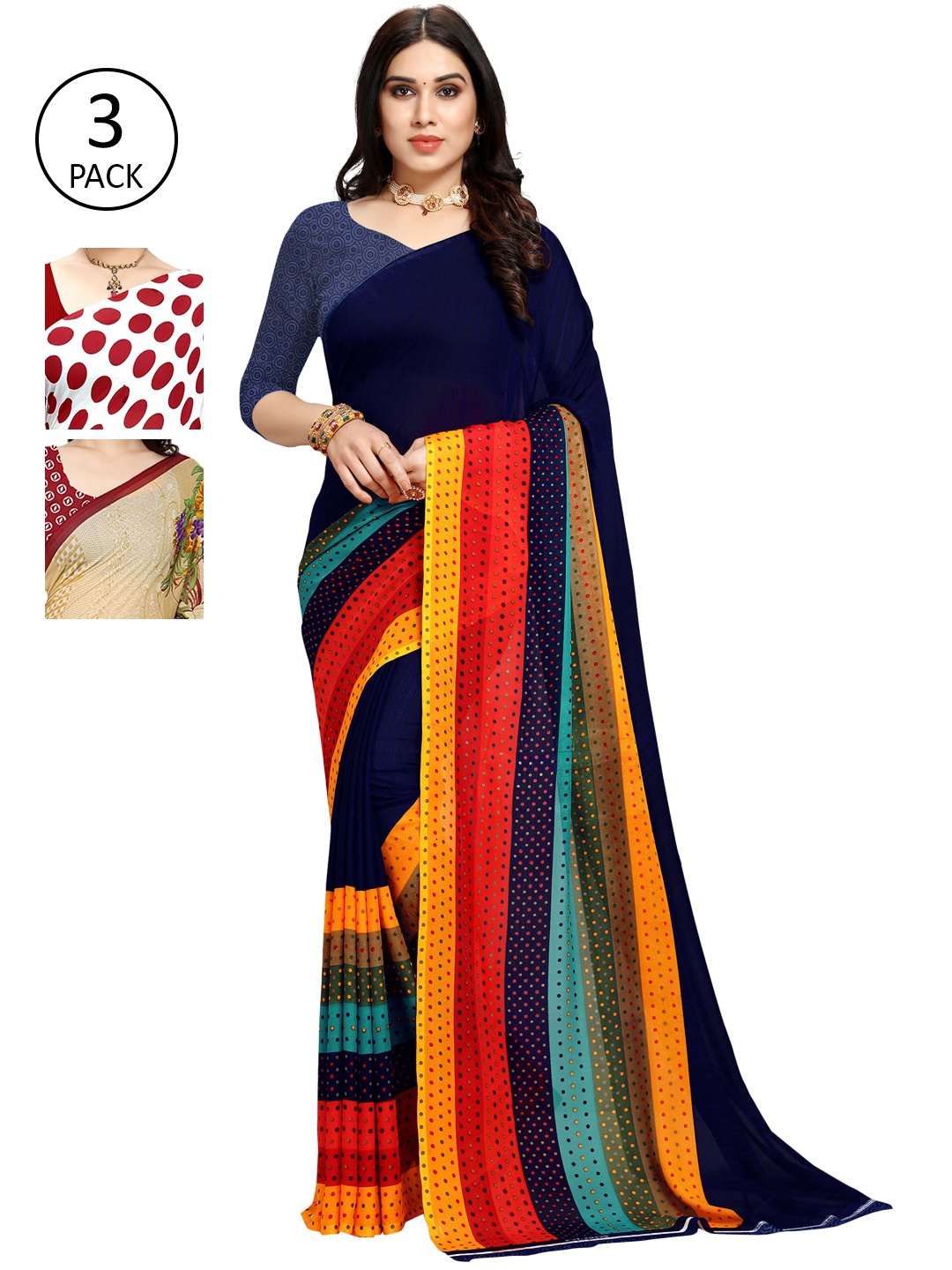 

KALINI Pack of 3 Printed Poly Georgette Sarees, Blue