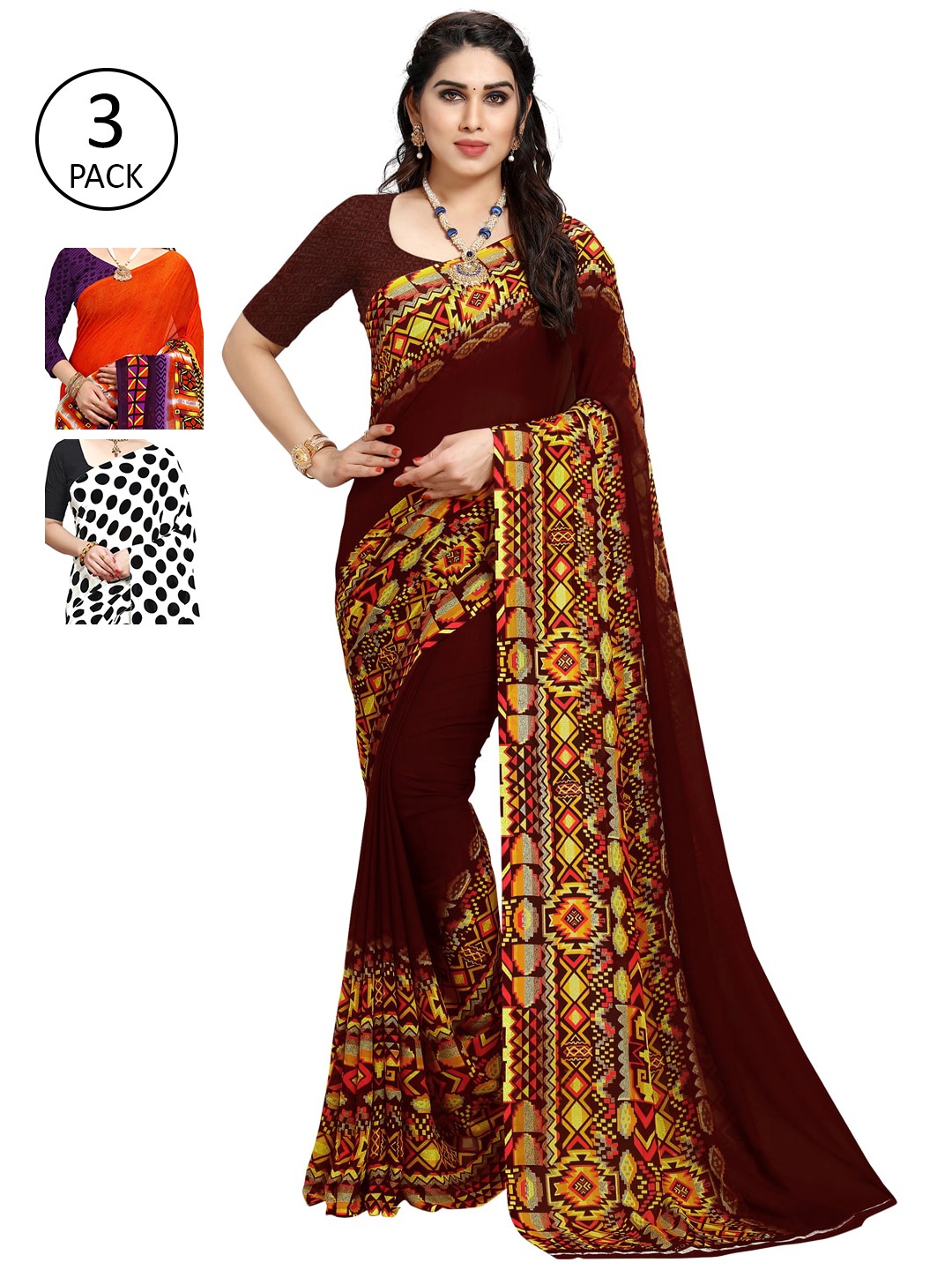 

KALINI Women Pack Of 3 Poly Georgette Saree, White