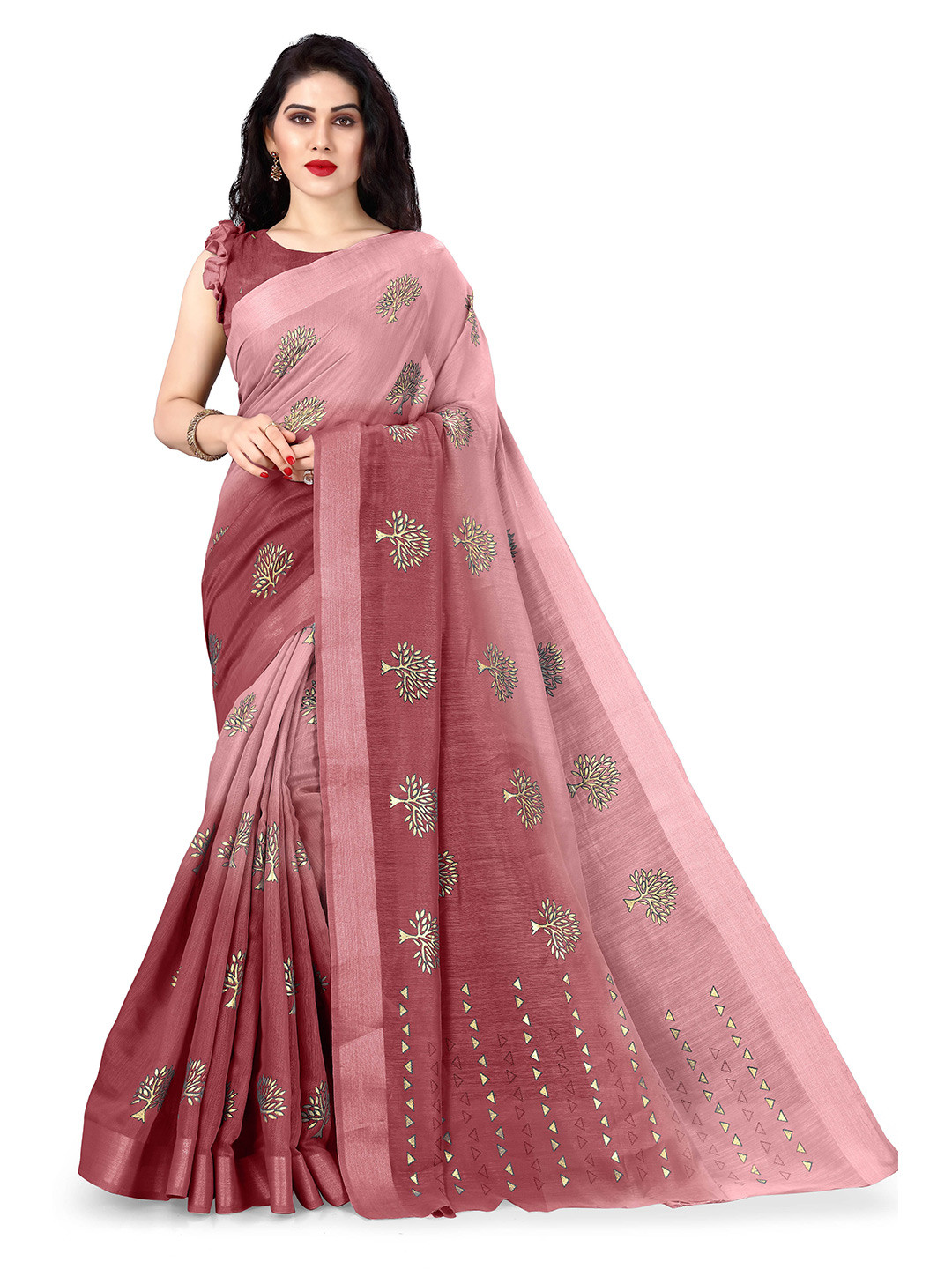 

KALINI Pink & Gold-Toned Floral Zari Saree
