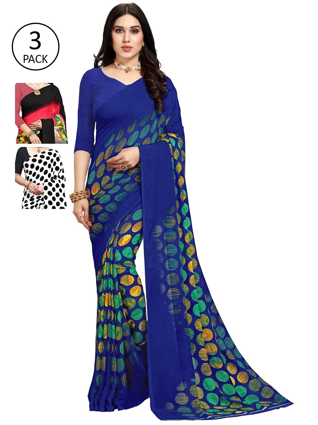 ANAND SAREES Women Pack Of 3 Poly Georgette Saree, White