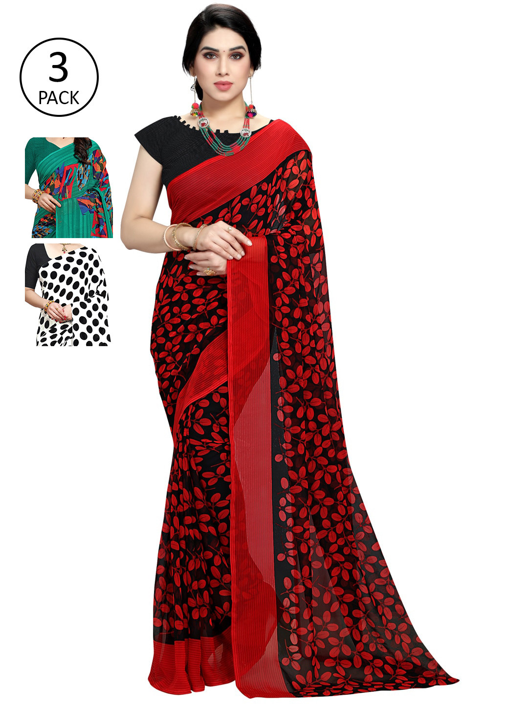 

KALINI Set of 3 Black, White & Green Printed Sarees