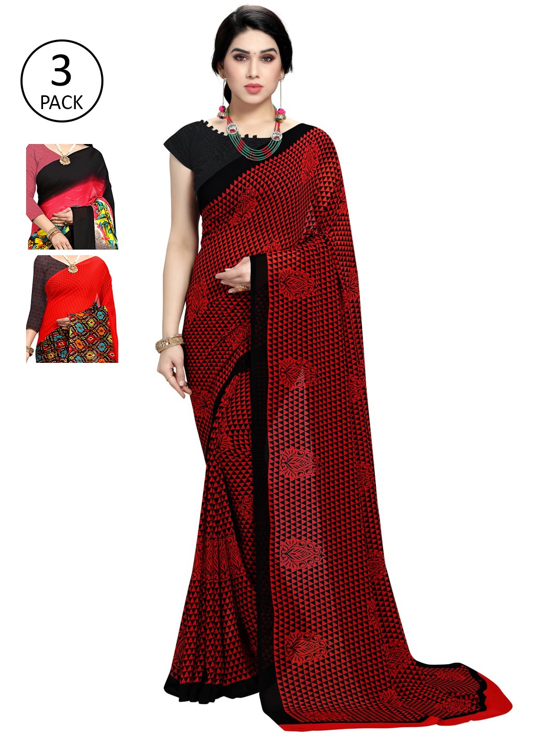 

KALINI Pack of 3 Poly Georgette Sarees, Red