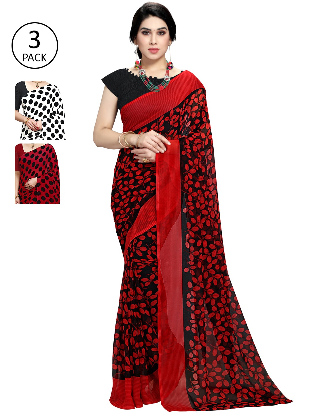 

KALINI Women Women Pack of 3 Printed Sarees, Red