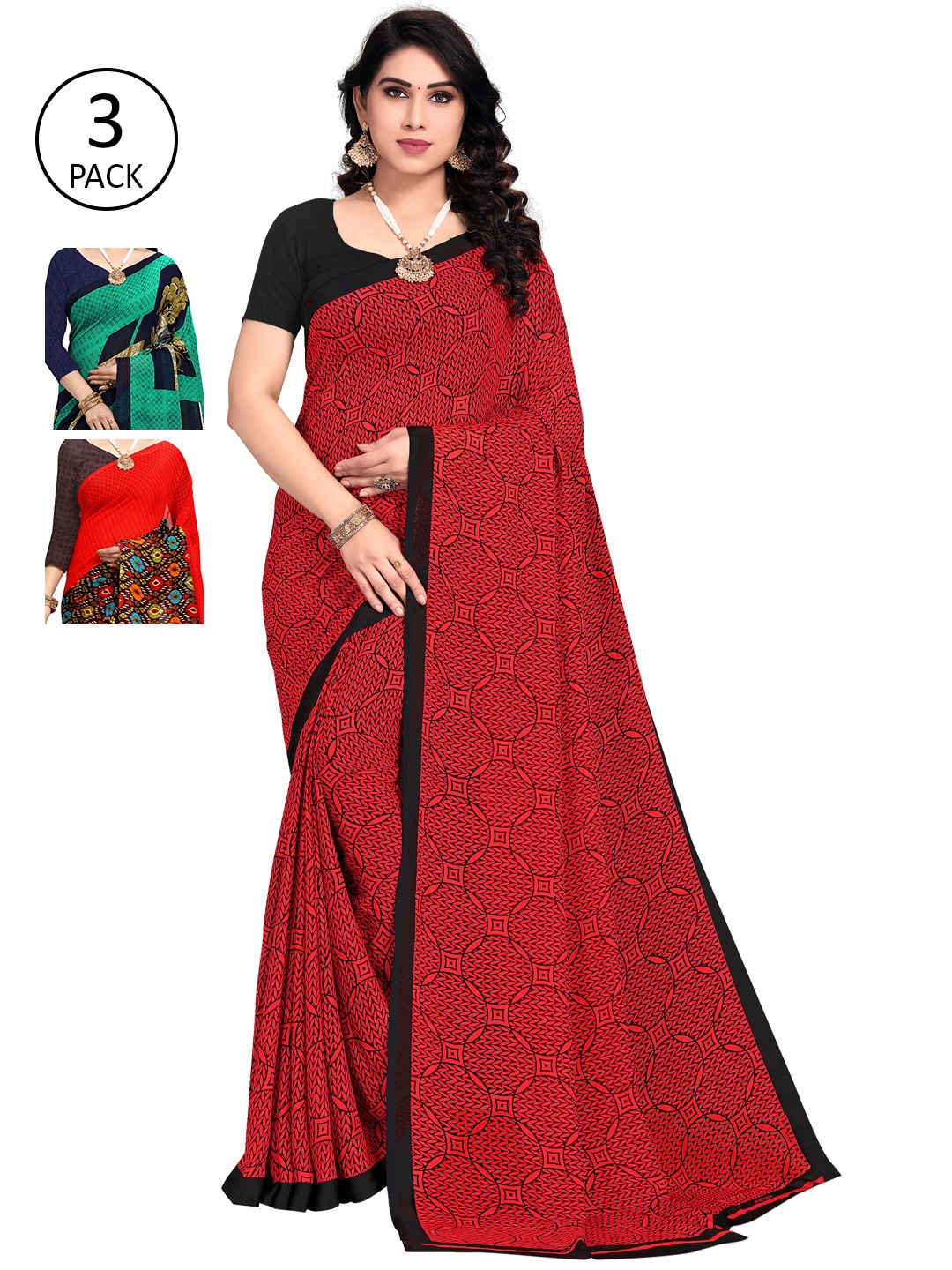 

KALINI Red & Black Pack of 3 Printed Sarees