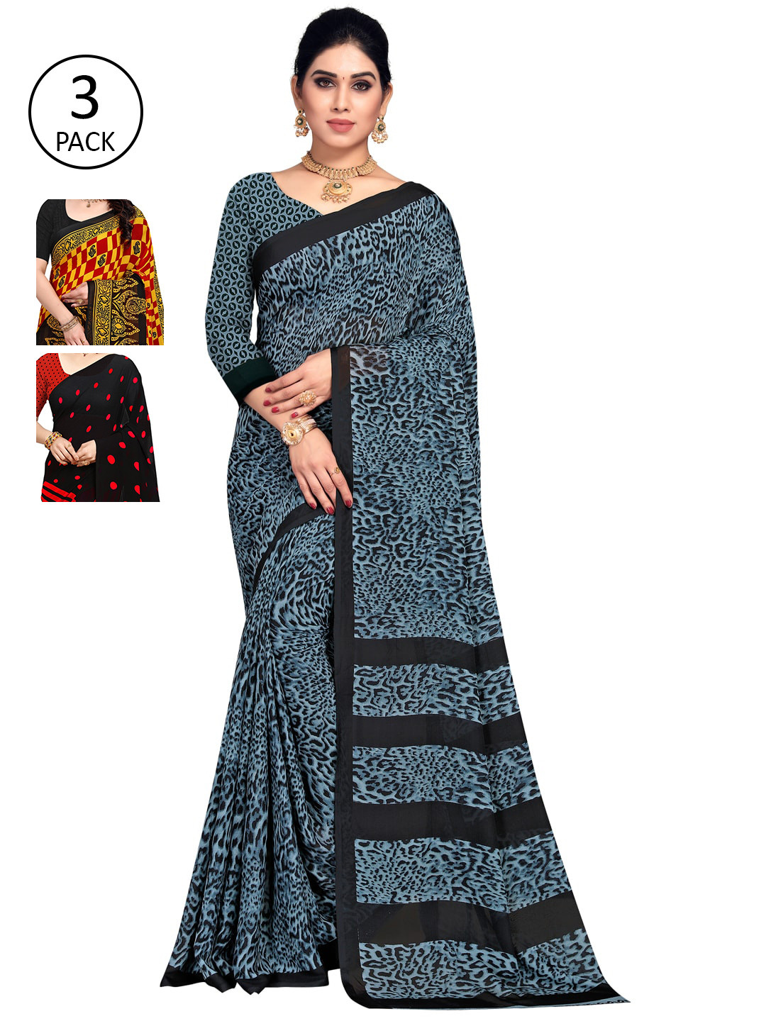 

KALINI Multicolour Printed Poly Georgette Daily Wear Sarees-Pack of 3, Red