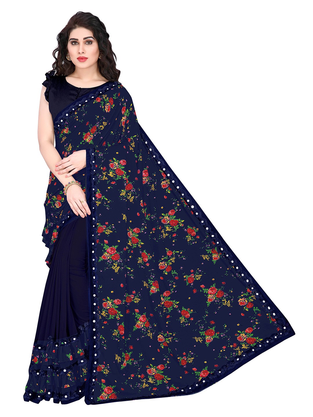 

MIRCHI FASHION Navy Blue & Red Floral Bagh Saree
