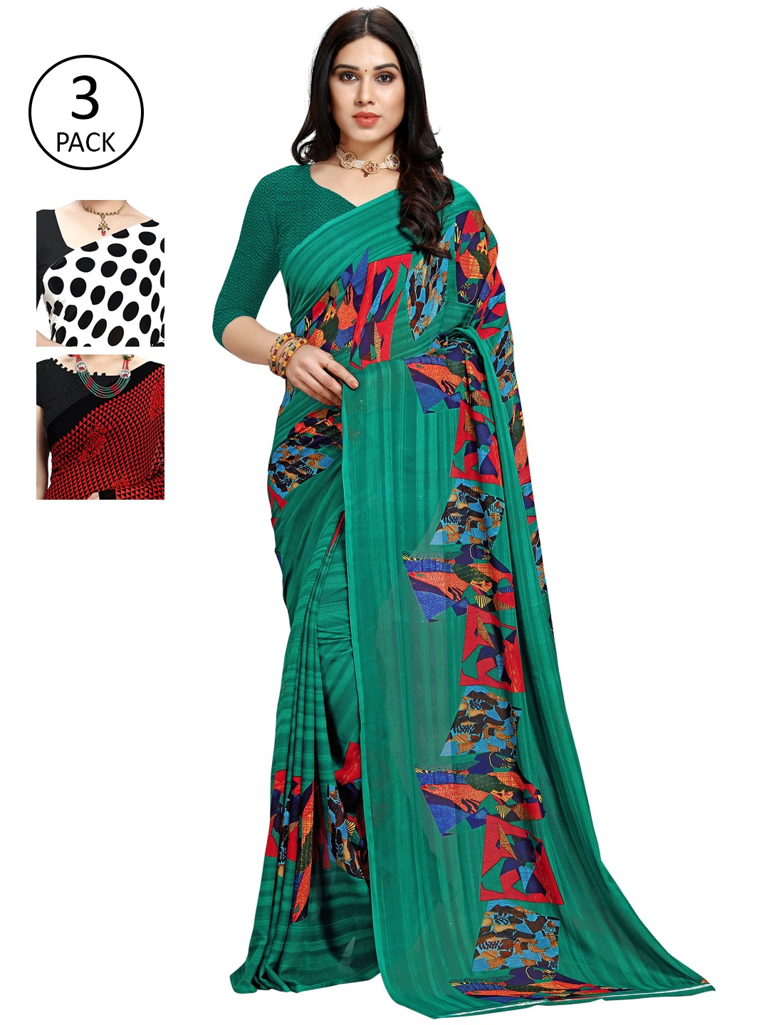 

KALINI Pack Of 3 Multicoloured Printed Sarees, Green