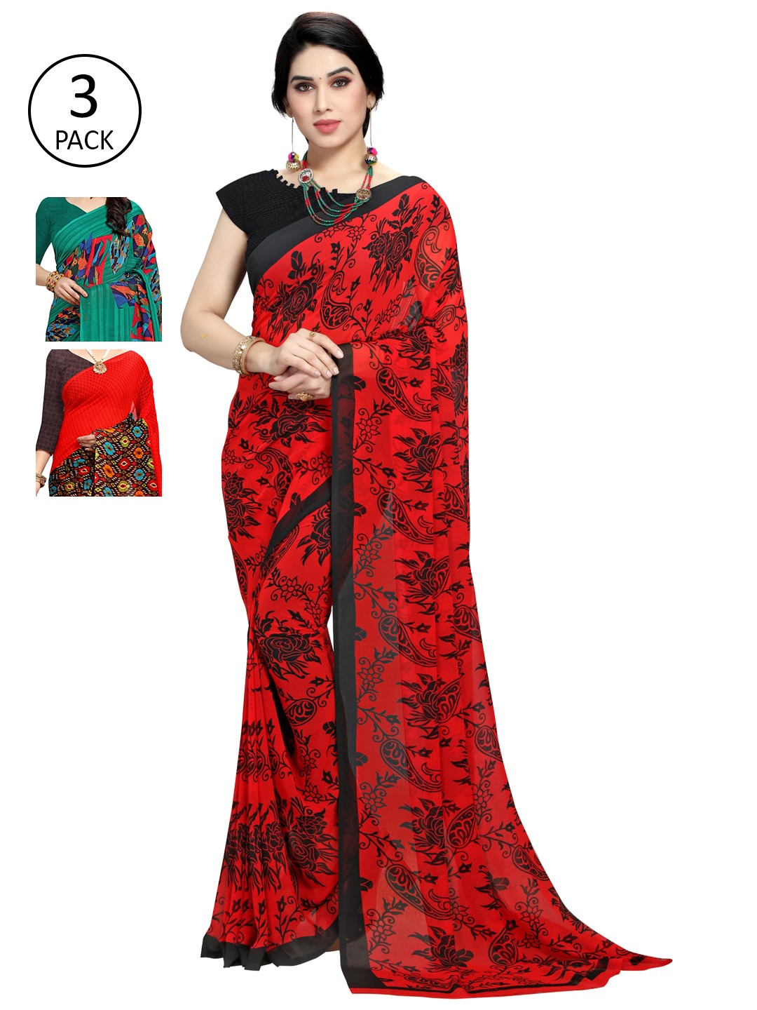 

KALINI Pack of 3 Poly Georgette Sarees, Red