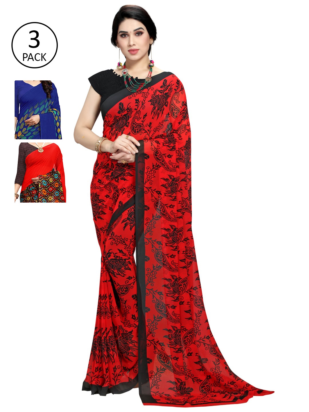 

KALINI Pack Of 3 Sarees, Red
