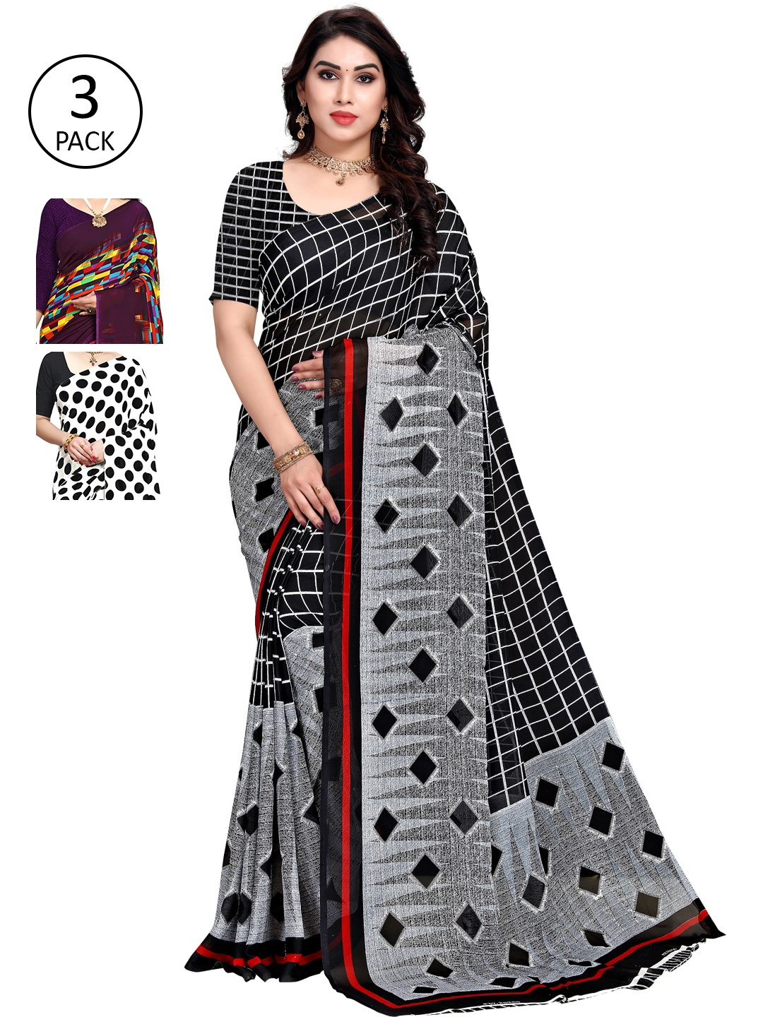 

KALINI Women Pack of 3 Printed Sarees, White