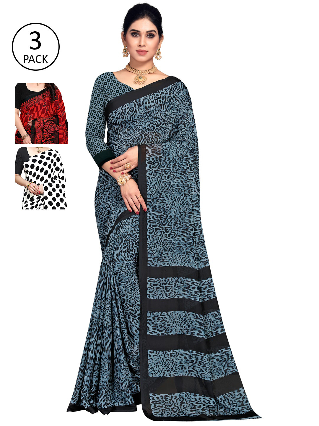 

KALINI White & Blue Pack of 3 Printed Sarees