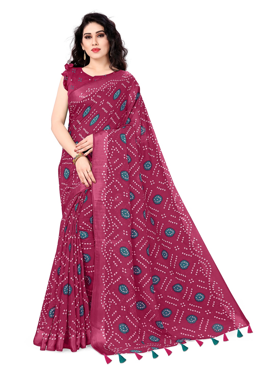 

KALINI Pink & Blue Bandhani Zari Bandhani Polycotton Saree