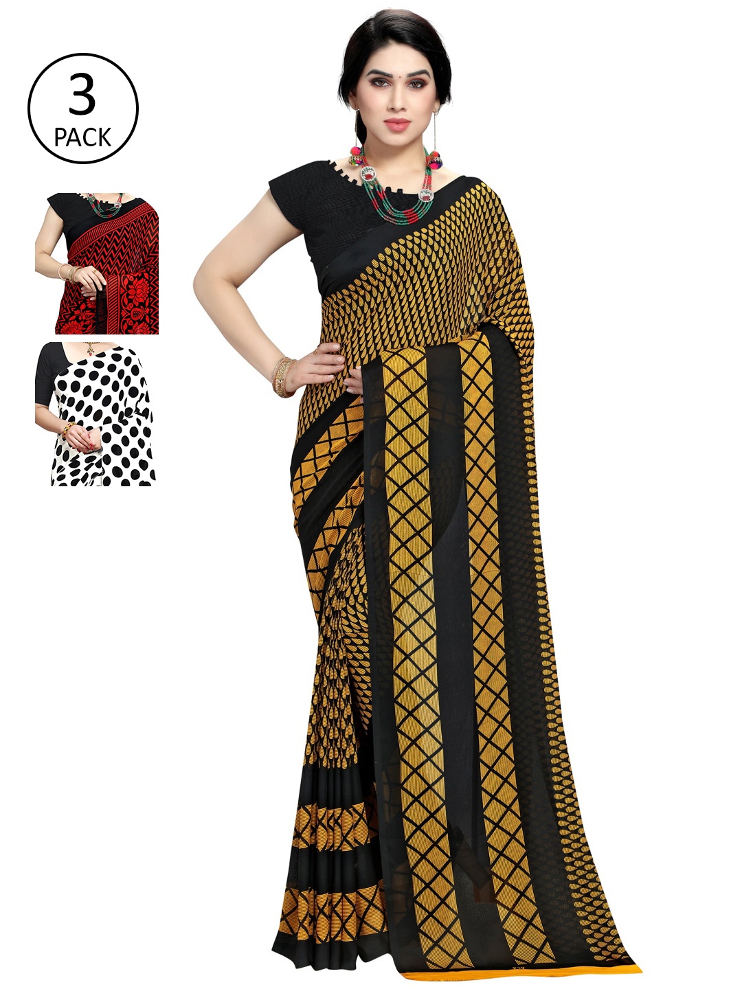 

KALINI White & Yellow Pack of 3 Printed Sarees