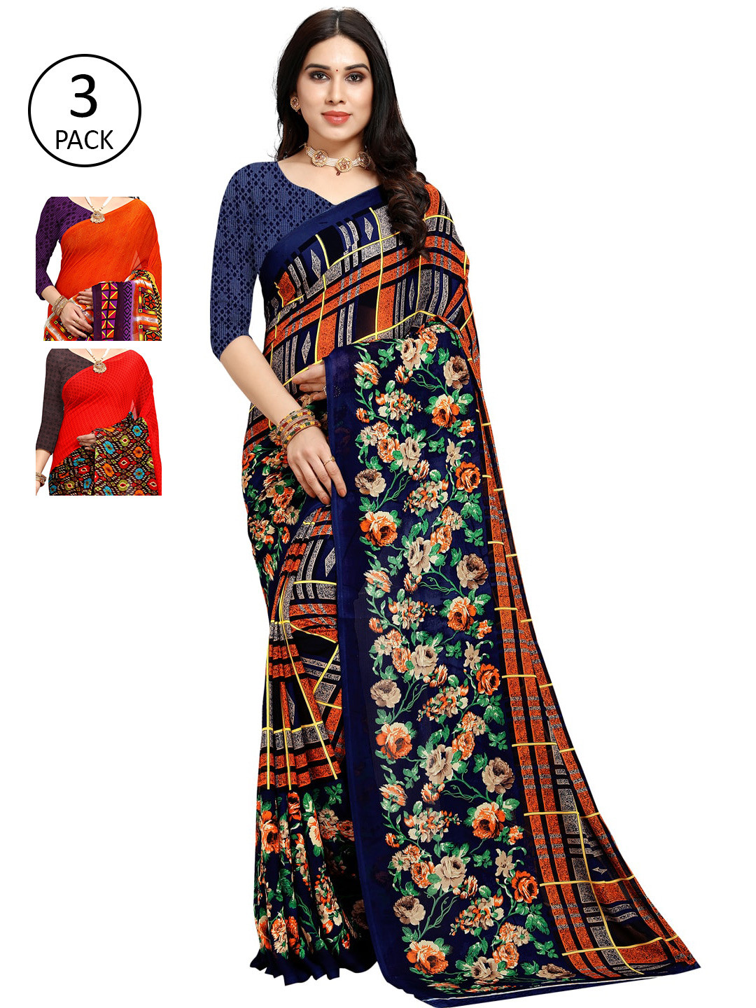 

KALINI Red & Orange Pack of 3 Printed Sarees