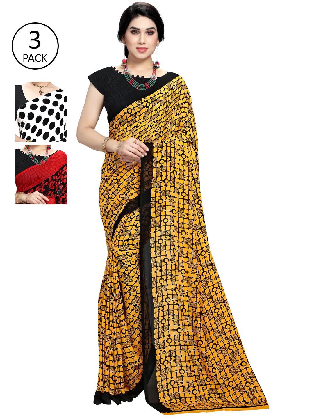 

KALINI Pack Of 3 Printed Sarees, Black