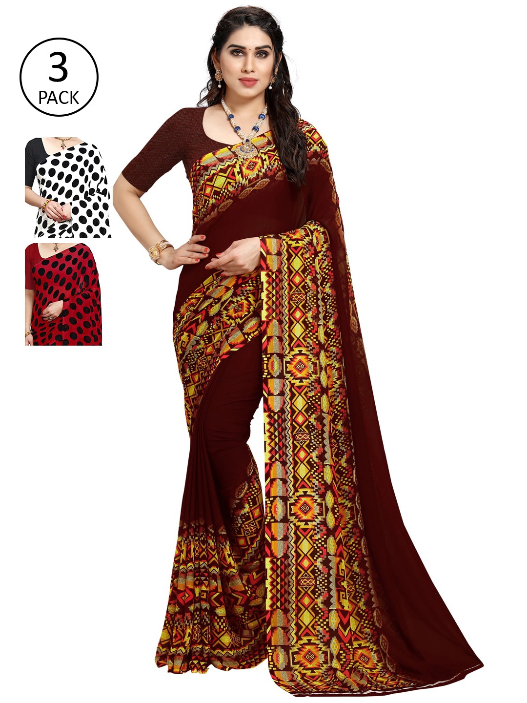 

KALINI Pack of 3 Printed Sarees, Red