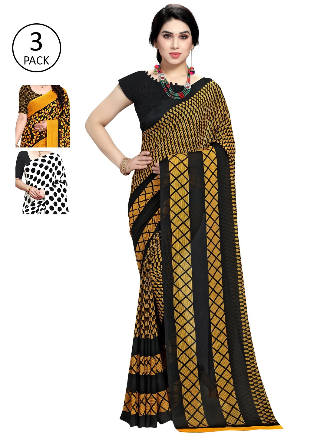 

KALINI Yellow & Black Pack of 3 Printed Sarees
