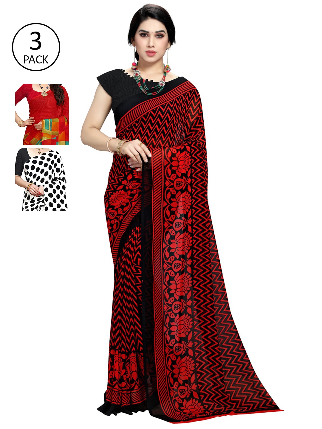 

KALINI Pack Of 3 Printed Sarees, Red