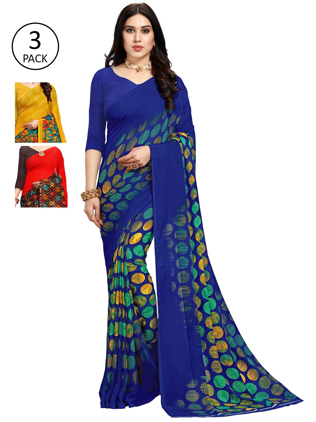 

KALINI Pack Of 3 Multicoloured Poly Georgette Sarees, Multi