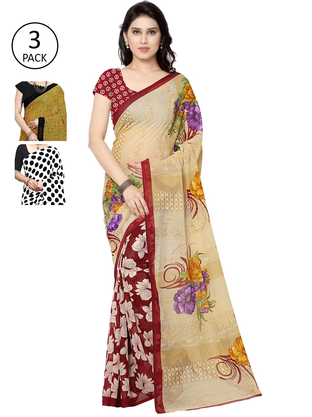 

KALINI White & Yellow Pack of 3 Printed Sarees