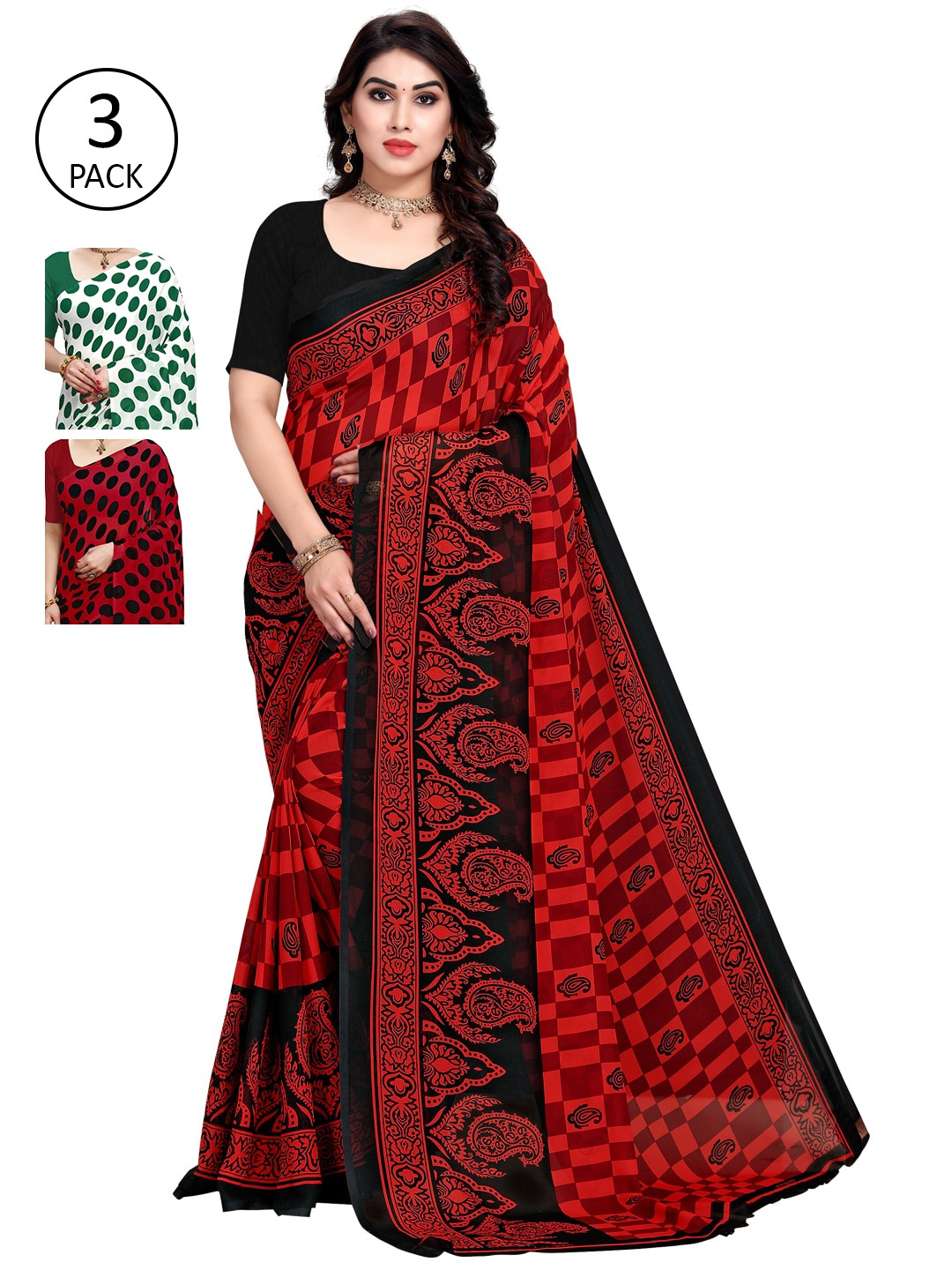 

KALINI Multicolour Printed Poly Georgette Daily Wear Sarees-Pack of 3, Green