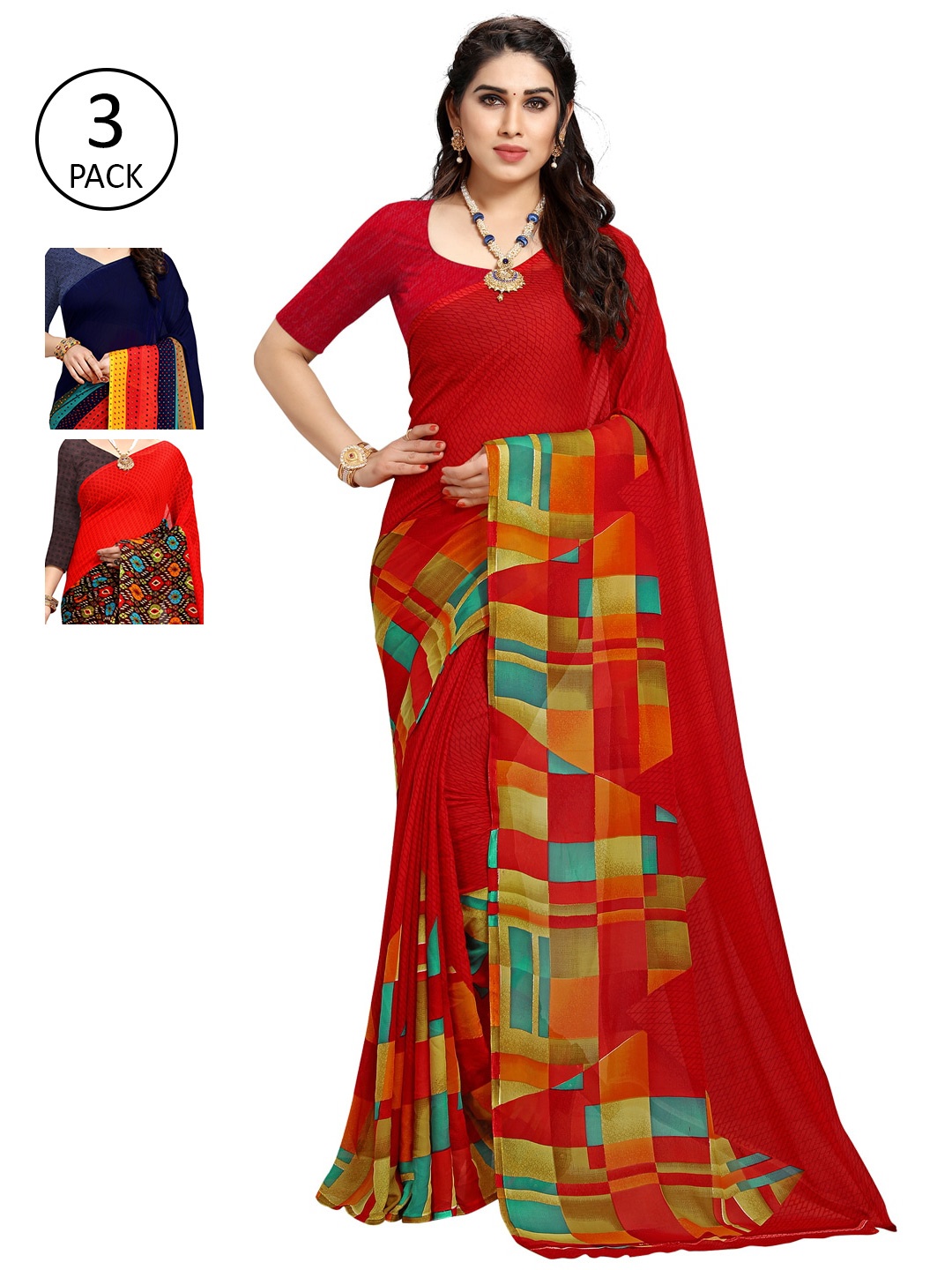 

KALINI Pack of 3 Poly Georgette Sarees, Red