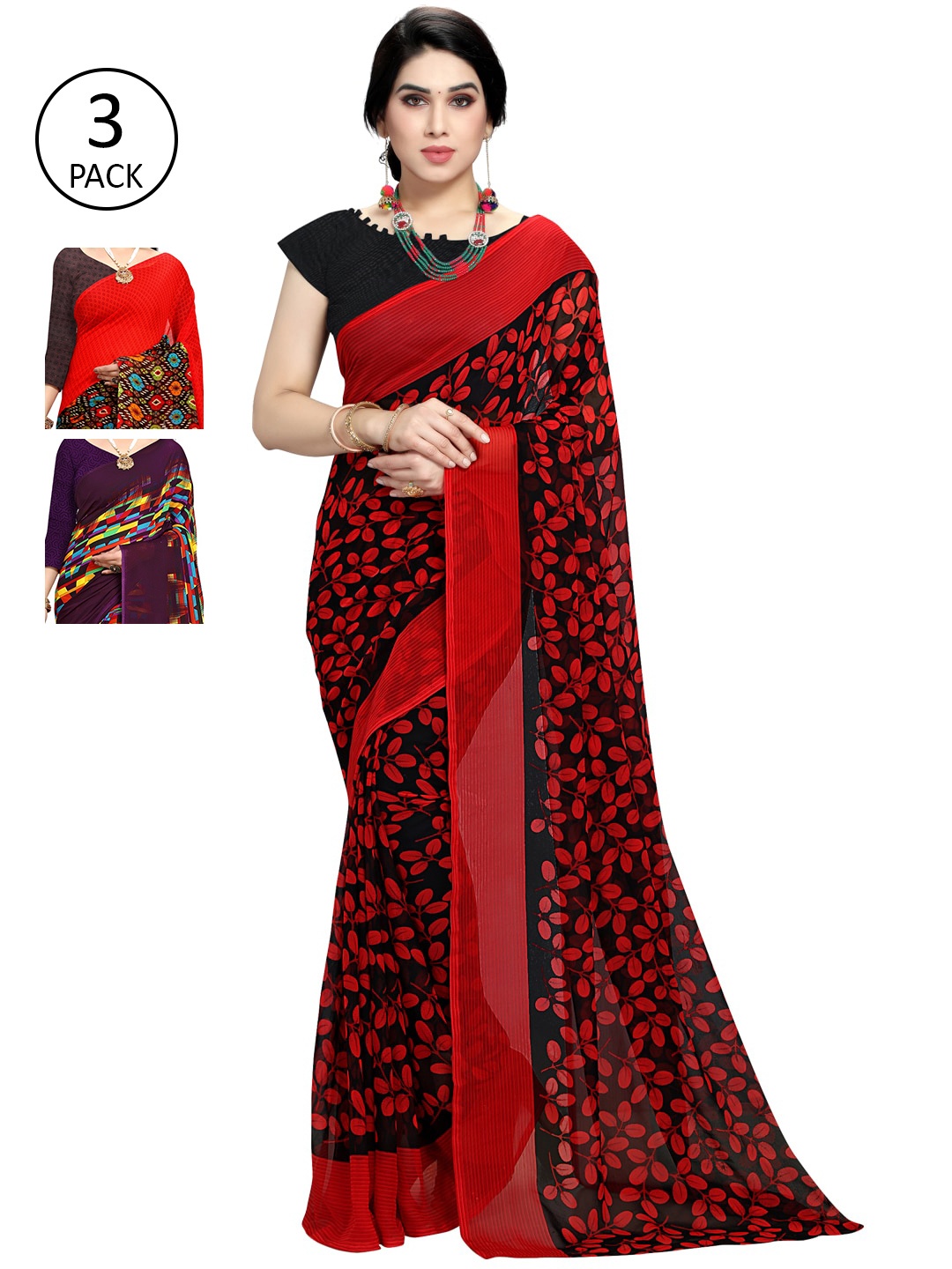 KALINI Pack Of 3 Red & Black Saree