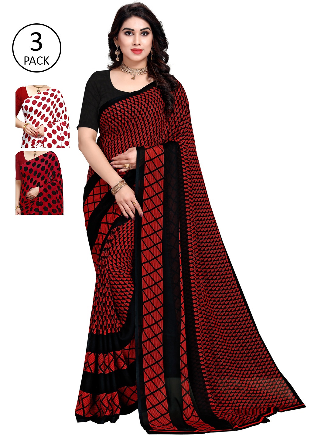 

ANAND SAREES Red & Black Printed Poly Georgette Daily Wear Sarees-Pack of 3