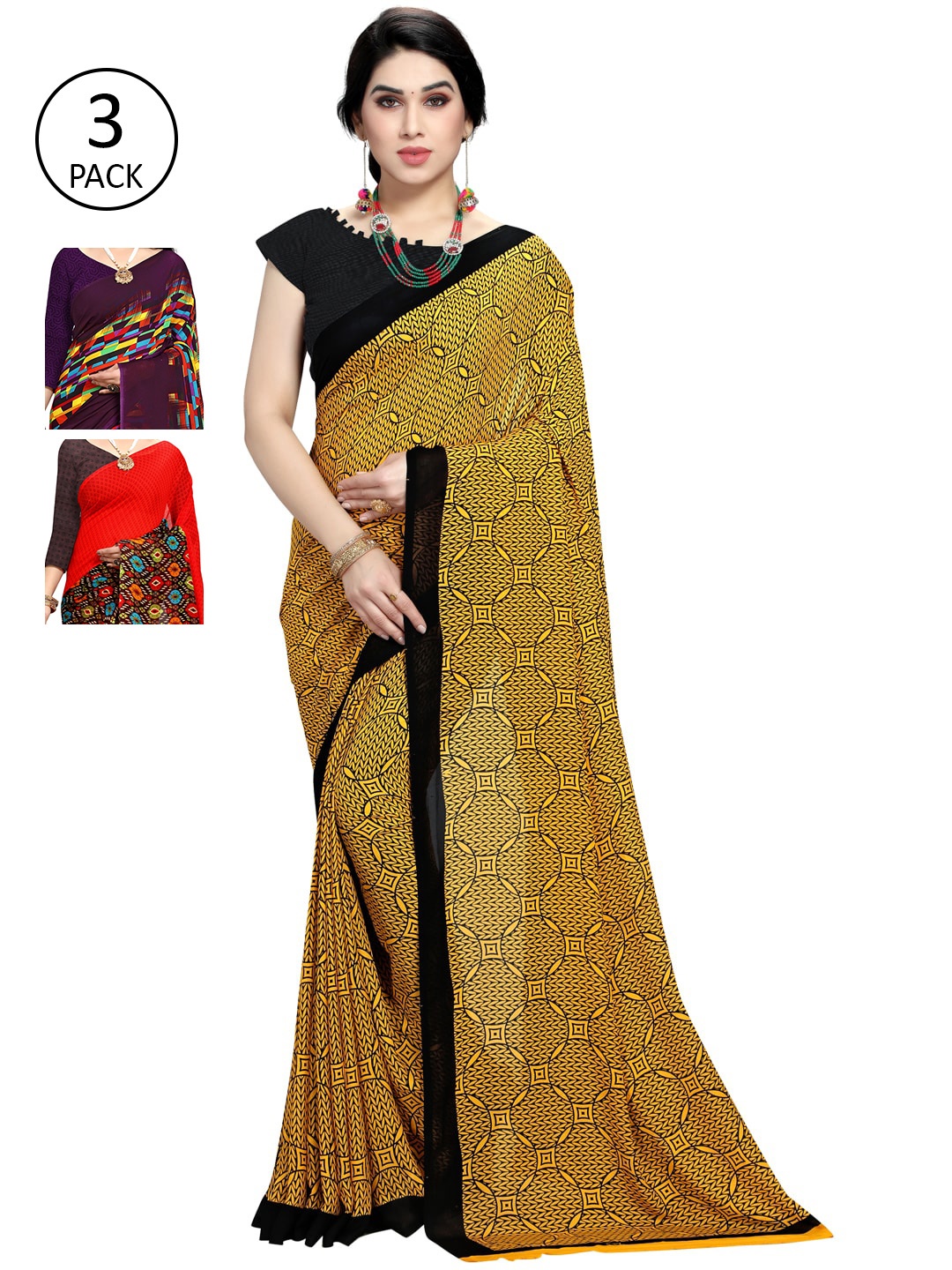

KALINI Pack Of 3 Multicoloured Poly Georgette Sarees, Multi