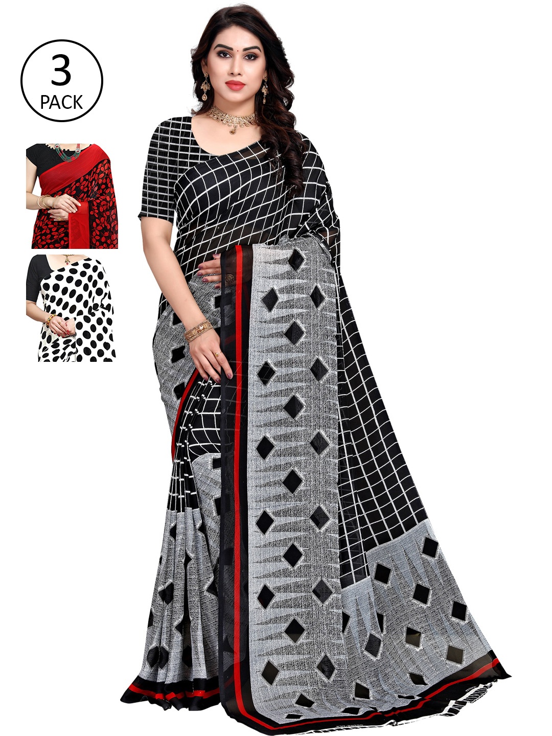 

KALINI Pack Of 3 White & Red Floral Saree
