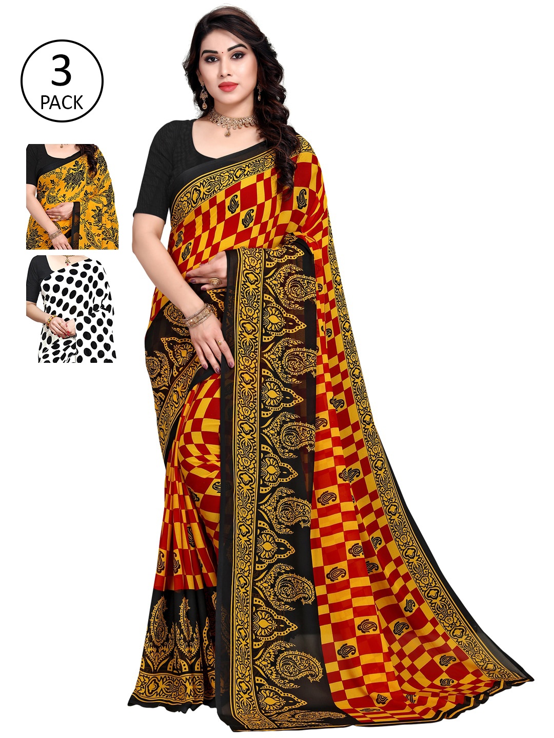 

KALINI Yellow & Red Pack of 3 Printed Sarees