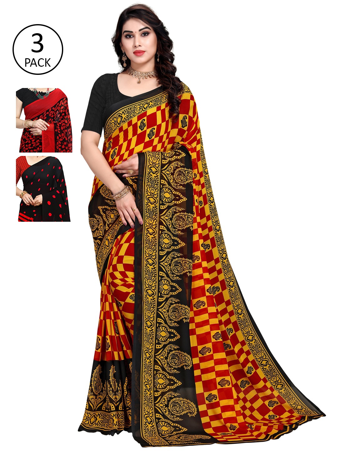 

KALINI Pack Of 3 Printed Sarees, Red