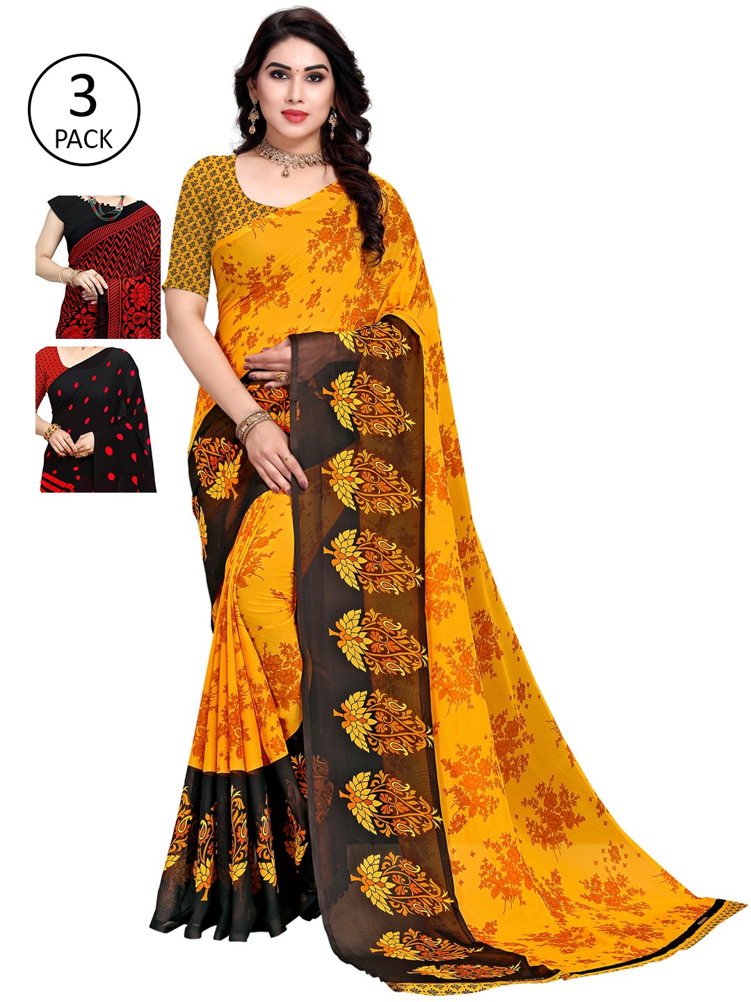 

KALINI Pack of 3 Printed Sarees, Red