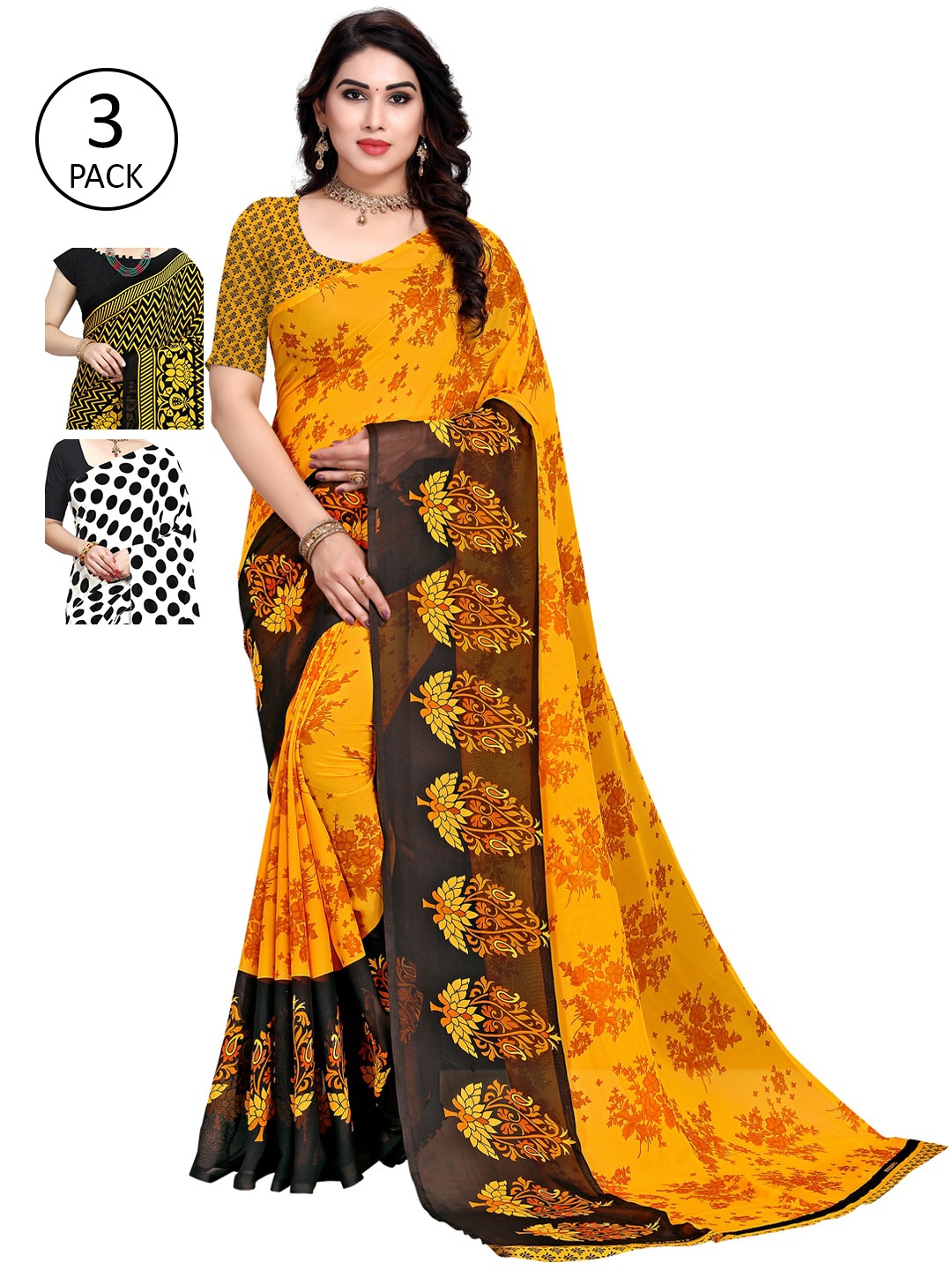 

KALINI Yellow & Black Pack of 3 Printed Sarees