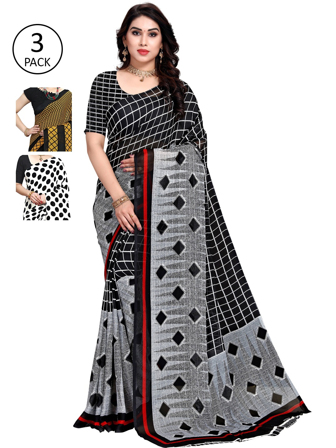 

KALINI Pack of 3 Poly Georgette Saree, White